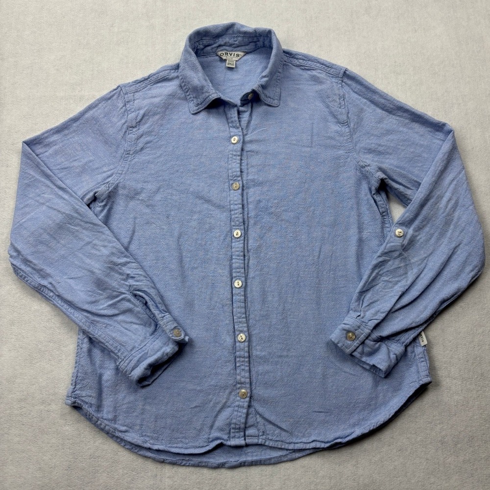 Orvis Classic Collection Blue Linen Rayon Roll Tab Button Down Shirt Womens S